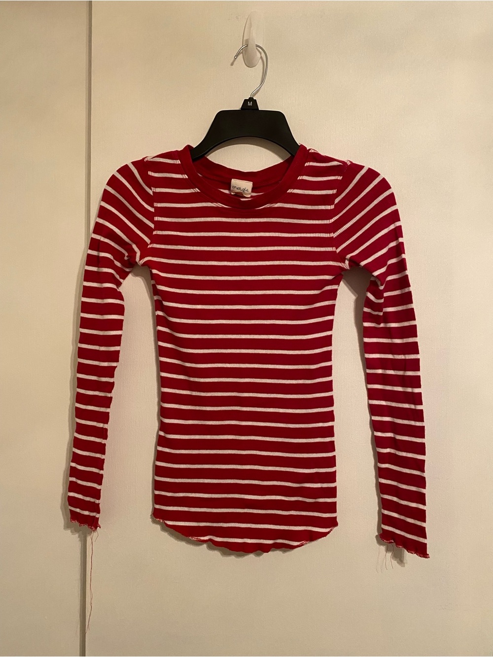 Energie Red and White Striped Ribbed Long Sleeve Crew Neckline T. Shirt Size M